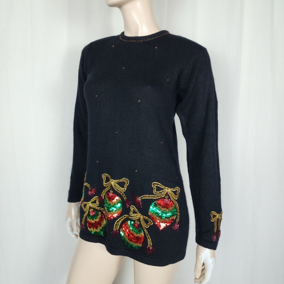Vtg sequin Christmas ornament novelty sweater black SM silk blend - Picture 4 of 11